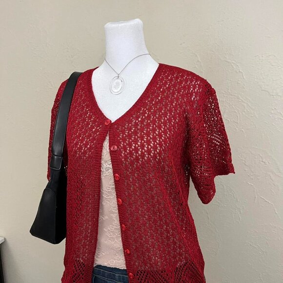 vintage 90s red girly downtown it girl netted short sleeve cardigan - Picture 2 of 8